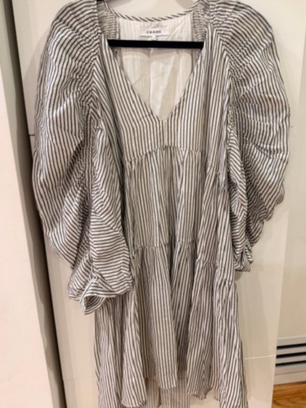 FRAME Striped Puff Sleeve Mini Dress Size Large – Black & White, Fully Lined